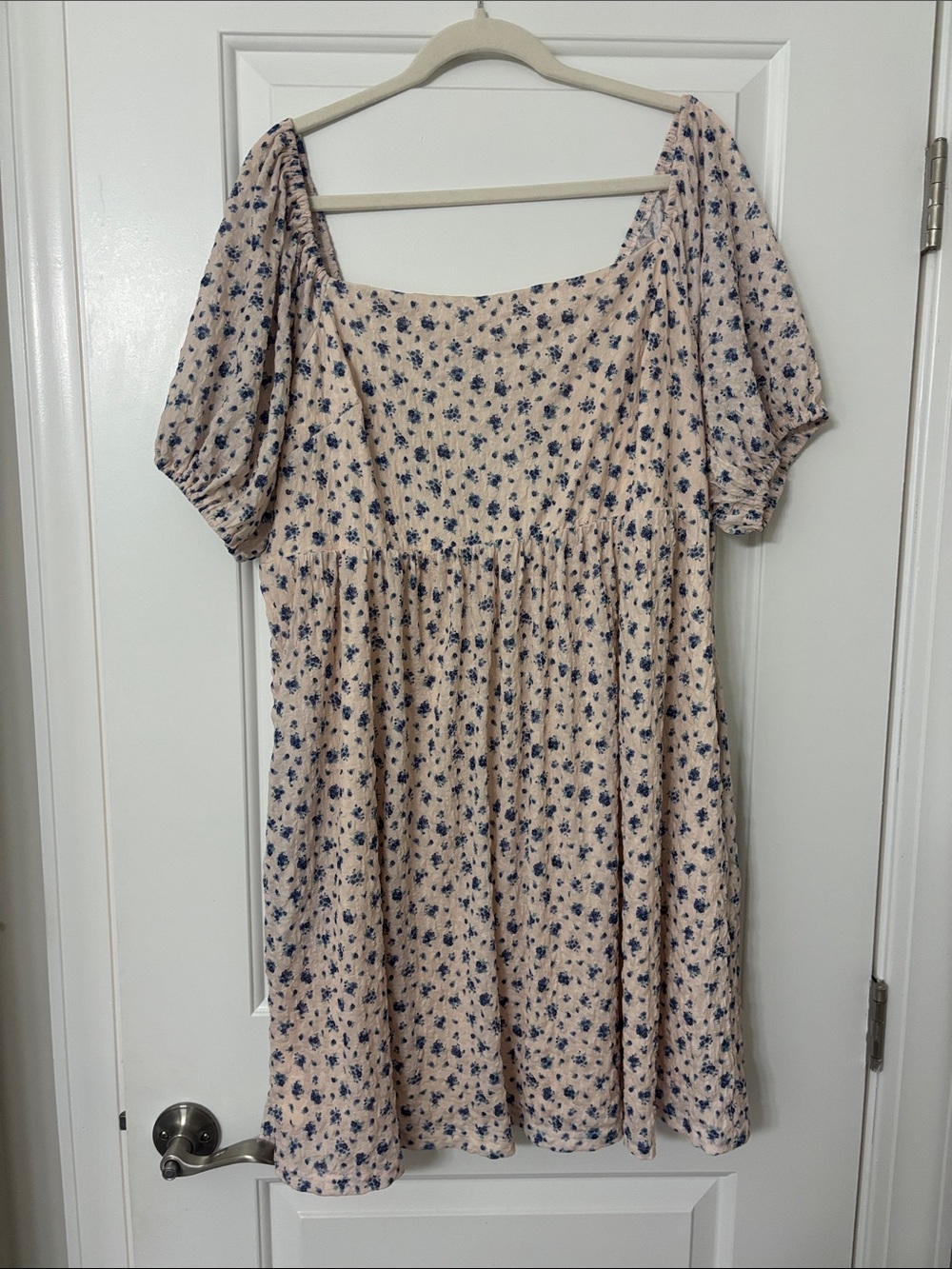 ARULA Creamy pink Mini Dress with Blue Floral Print and Square Neck